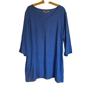 Flax Cobalt Blue Linen Tunic 3/4 Sleeve Dress Coastal Lagenlook Oversized Size L